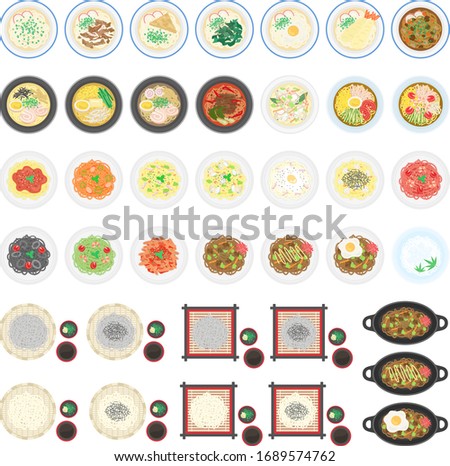 Illustration set of noodle dishes.