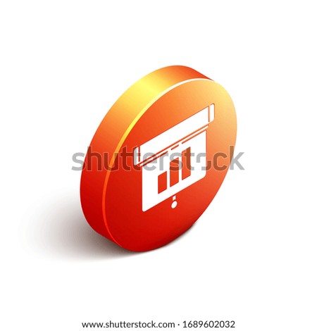 Isometric Presentation financial business board with graph, schedule, chart, diagram, infographic, pie graph icon isolated on white background. Orange circle button. Vector Illustration
