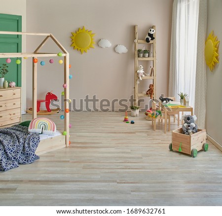 Young room decoration with house bed and wooden obeject interior.