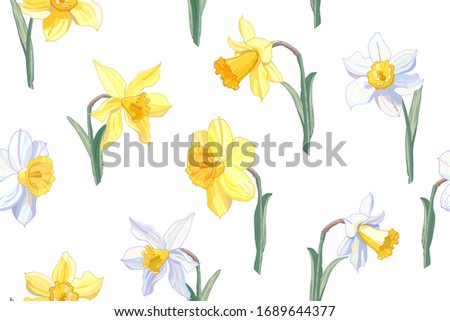 Beautiful seamless daffodil floral pattern. Hand drawn narcissus endless background. Spring easter backdrop. For greeting cards, invitations, decorations, floral prints, floristic design, wallpaper.