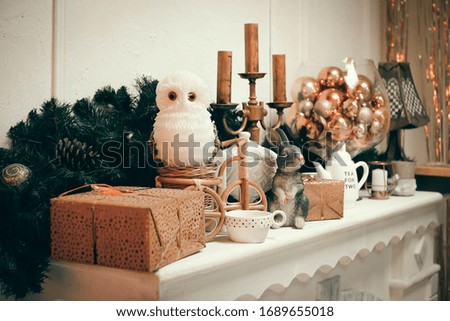 Fireplace decoration for Christmas in gold color