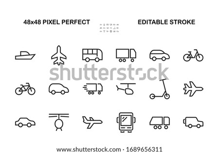  Set of public transport related vector line icons. Contains icons such as bus, bike, suitcase, car, scooter, truck, transport, trolley bus, sailboat, motor boat, plane and much more. Editable stroke