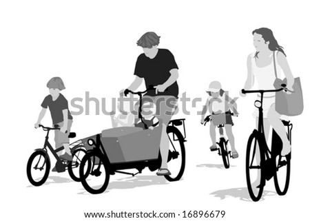 big family bicycling ,grayscale version