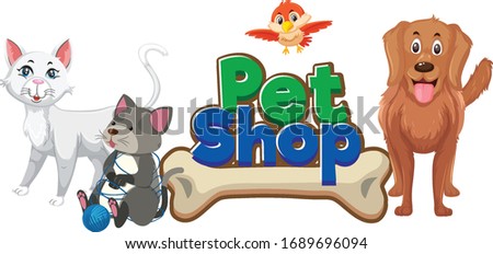 Font design for pet shop with many cute animals illustration