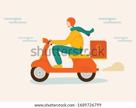 A happy delivery young man guy riding orange scooter moped fast. Characters. Flat vector illustration.