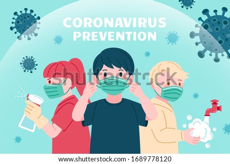 COVID-19 prevention promo design, with precautions of wearing protective face masks, washing hands and using disinfectant Royalty-Free Stock Photo #1689778120