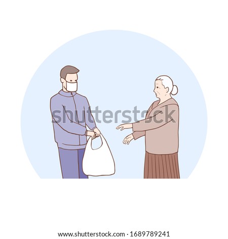 Medical masked volunteer brought food to elderly woman. Social worker delivers medicine to old woman. Vector flat cartoon characters illustration. Taking care of older people. Stay at home concept.