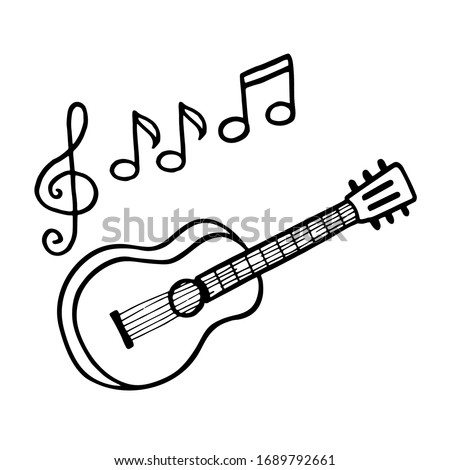 Hand-drawn guitar and sheet music, Doodle, vector illustration. Coloring page for children and adults