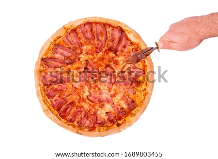 Pizza bacon, ingredient becon and mozarella, isolated on white, hand cutting pizza, top view
