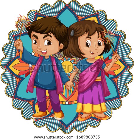 Mandala pattern design with two happy kids illustration