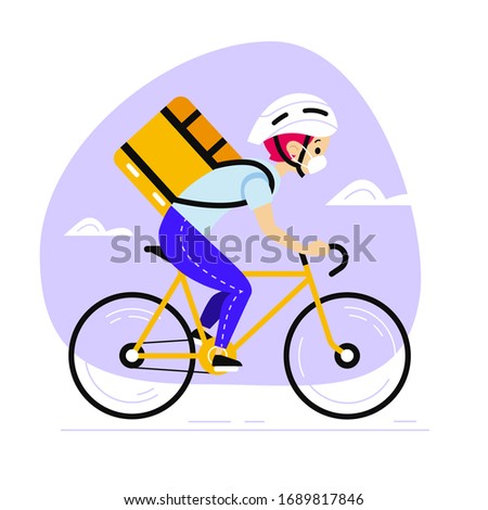 vector cartoon flat style courier on a bicycle wearing mask and gloves