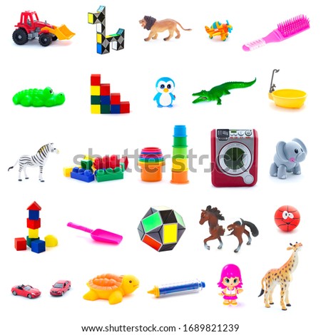 Set of children toys on white background. Full size.