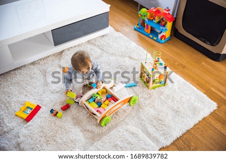 Portrait of one year old baby girl indoors playing on the carpet in bright room