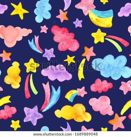 Watercolor Shooting Stars colorful clouds hand painted seamless pattern
