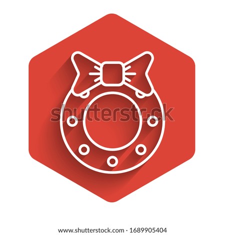 White line Christmas wreath icon isolated with long shadow. Merry Christmas and Happy New Year. Red hexagon button. Vector Illustration