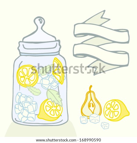 Cold lemonade made of lemon, ice cubes, mint in a beautiful jar. Perfect summer illustration with ribbon for your text.