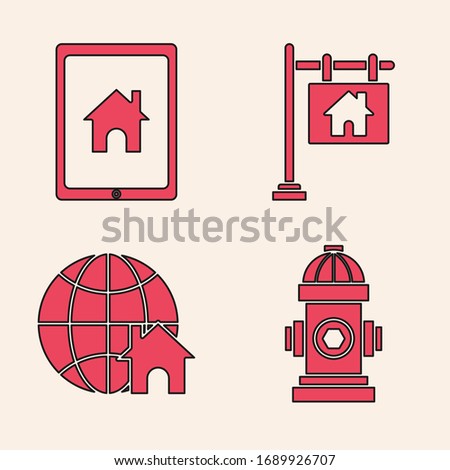 Set Fire hydrant, Tablet and smart home, Hanging sign with text Sale and Globe with house symbol icon. Vector