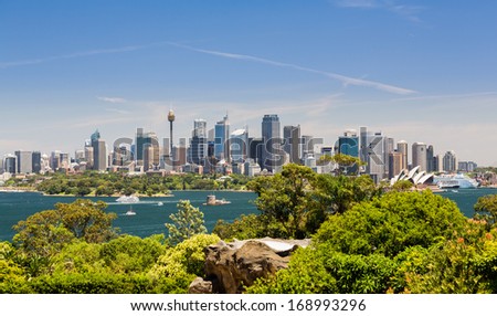 Dramatic widescreen panoramic image of the city of Sydney from Taronga Zoo with the Sydney Opera House and a broad view of the water in the harbour