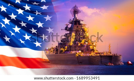 Military parade of American troops. A warship with sailors on the deck against the background of the us flag. American fleet. The naval forces of America. Protection of the country's water borders. Royalty-Free Stock Photo #1689953491