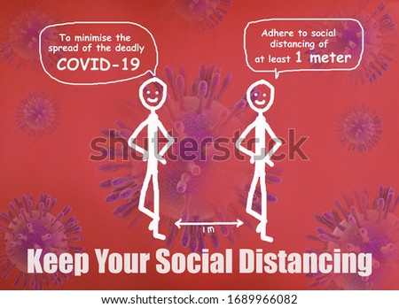 An illustrative sketch of two stick men drawn using free hand method isolated on red background with virus icons.  Public message on social distancing to avoid virus spread 