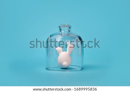 Quarantined Easter, holiday is canceled, stay home. Creative idea COVID-19 virus pandemic, protection 2019-ncov coronavirus infection. Easter bunny is isolated under hat, copy space. Minimalism Royalty-Free Stock Photo #1689995836