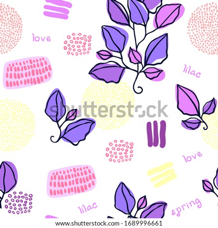 Seamless pattern multicolor floral ornament in trend style Doodle. Cte pink, violet, plants against the graphical elements of yellow and red. Isolated on the white background.