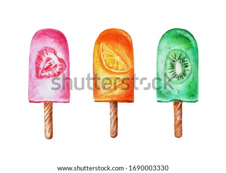 Three watercolor fruit popsicle on a white background. Hand drawn. Template. Closeup