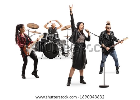 Female singer, male and female guitar players and a drummer in a band isolated on white background