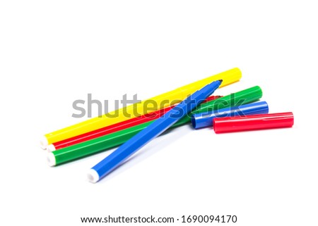 Colorful marker pens isolated on white background. Kids vivid painting tools, various color palette. Office highlighters design elements
