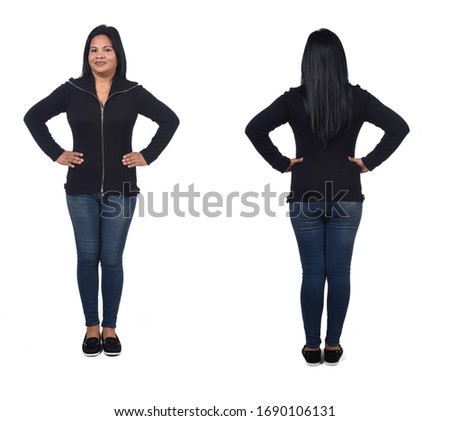 front and back view of a woman on white background, hand on waist