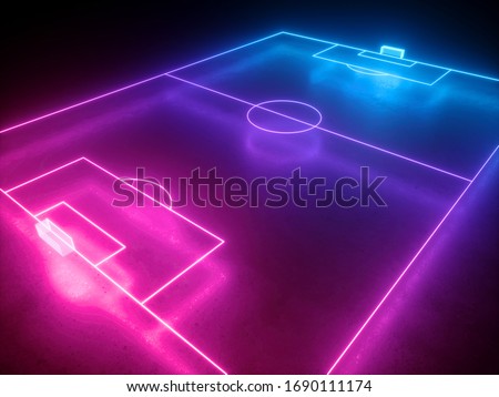 3d render, neon soccer field perspective angle view, football playground, virtual sportive game, pink blue glowing line
