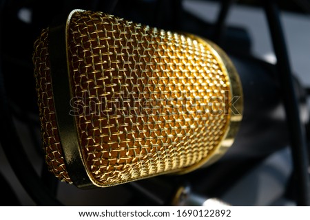 Recording studio Microphone, black, gold, voice professional. With black cables  and music jack, with pop filter.