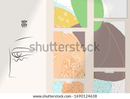 Abstract authentic portrait on modern card set template. One line continuous hand drawn doodle vector artwork. Contemporary composition in modern cubism art style. Mock up with shadow overlay.