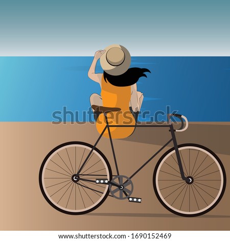 girl sit on the beach with bicycle.vector illustration.
