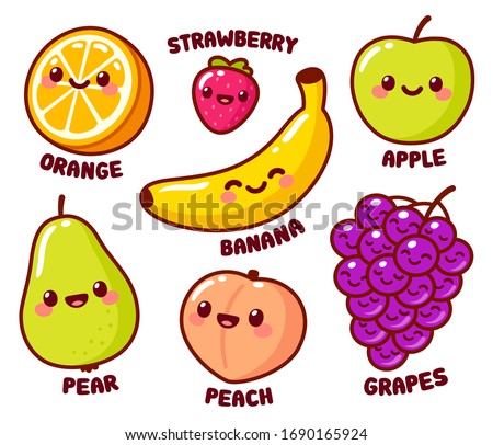 Cute cartoon fruits with funny kawaii faces. Orange and banana, apple and pear, peach, grapes and strawberry. Isolated vector illustration set.