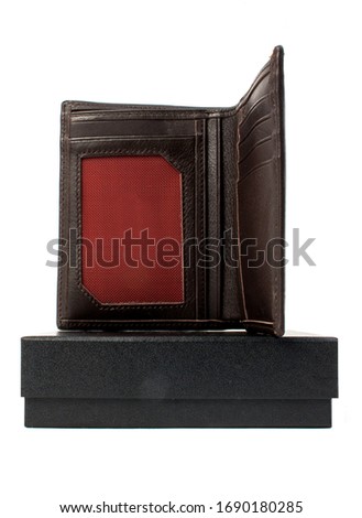 Brown leather wallet with box, on clean white backdrop; Fashionable, classic