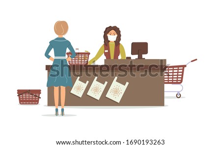 Grocery store during epidemic of virus.Cashier in protective medical mask is behind cash register serves the customer with basket with milk and dairy products.Teller's workplace in supermarket.Vector