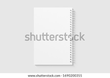 Real photo, blank spiral bound notepad mockup template, isolated on light grey background. High resolution. Royalty-Free Stock Photo #1690200355