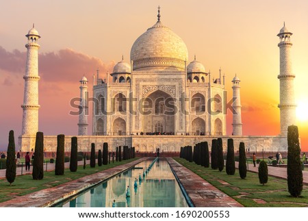 Taj Mahal at sunset, beautiful scenery of India Royalty-Free Stock Photo #1690200553