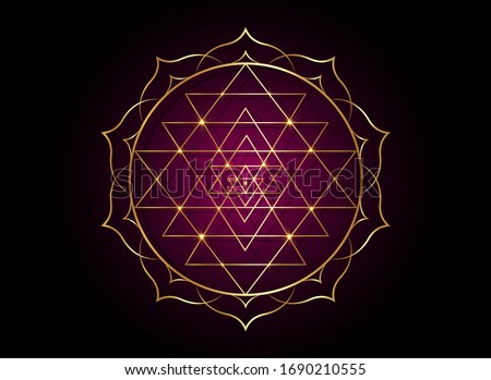 mystical mandala of Sri Yantra for your design. Golden sacred geometry and alchemy symbol blooming in a gold lotus flower, vector isolated on black and dark purple background  Royalty-Free Stock Photo #1690210555