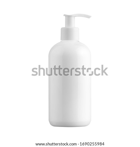 White unbranded dispenser bottle isolated on white background, cosmetic packaging mockup with copy space Royalty-Free Stock Photo #1690255984
