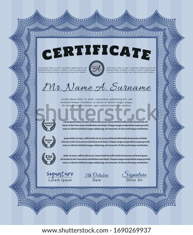 Blue Sample Certificate. Money Pattern. Customizable, Easy to edit and change colors. With linear background. 