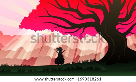 Ninja Samurai Warrior Background Vector Sakura Japan Nature Mountain