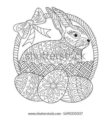 Easter rabbit and egg coloring page for adult and children. Holiday background with creative cute bunny in basket.  Black and white vector illustration.