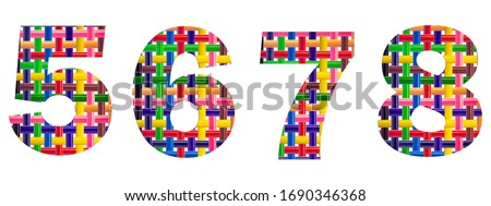 set multicolored number 5,6,7,8 in the form of a binding of colored pencils on a white background. education isolated