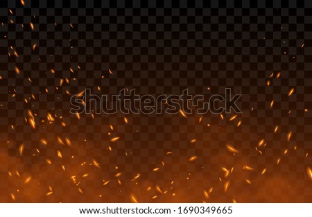 Smoke, sparks and fire particles, flying up embers and burning cinder. Vector realistic heat effect of flame in bonfire, from blacksmith works or hell isolated on transparent background Royalty-Free Stock Photo #1690349665