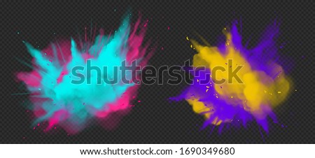 Holi paint powder color explosion realistic vector illustration. Blue pink, yellow purple dust splash, spring holiday paint burst isolated on dark transparent, decorative element for indian fest Royalty-Free Stock Photo #1690349680