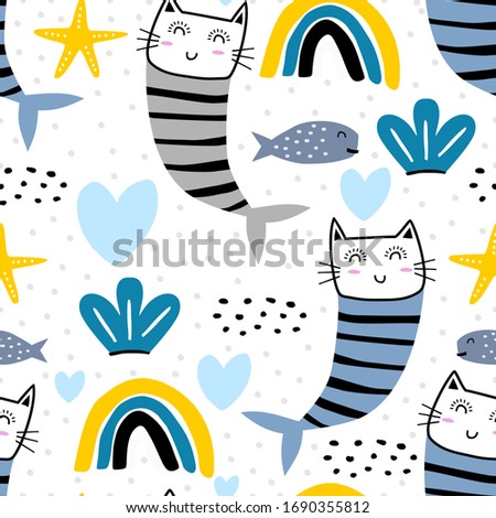 Fairy cat mermaid with love in the sea. Childish illustration for apparel, fabric, textile.Vector illustration