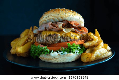 Delicious burger with fries in black plate