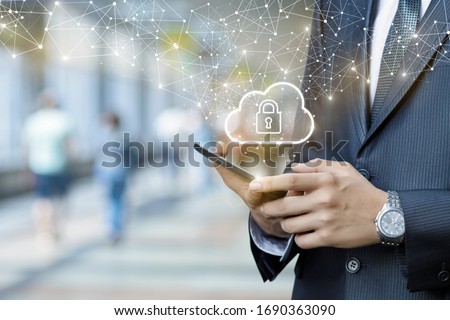 Business man works in a public network with protected information.